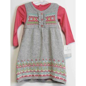 New Carters Baby Sweater Dress 12mths Grey Pink 2pc Nordic Pattern Long Sleeve